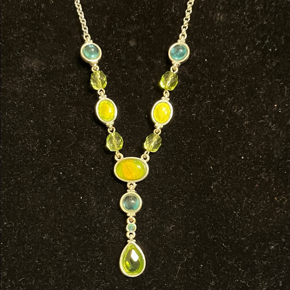 Avon Silver Drop Necklace with Green and Blue Accents
